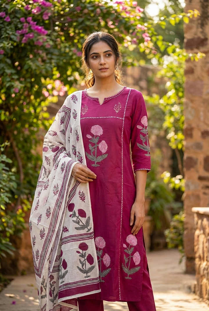 Neerus Maroon cotton printed suit set - back view