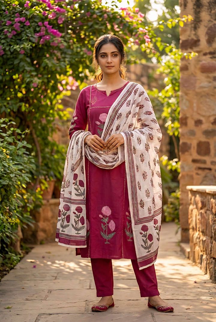 Neerus Maroon cotton printed suit set - front view