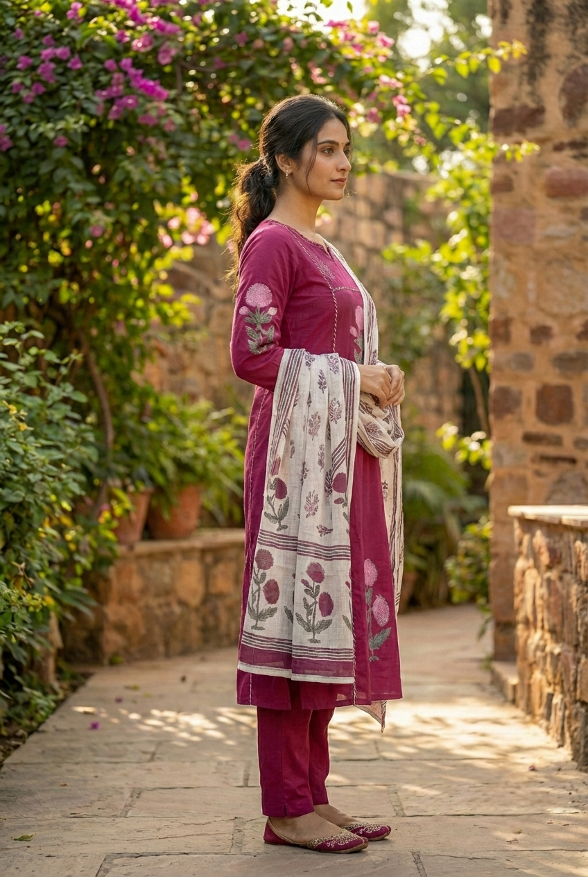 Neerus Maroon cotton printed suit set - side view