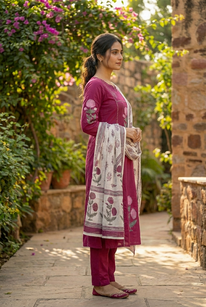Neerus Maroon cotton printed suit set - side view