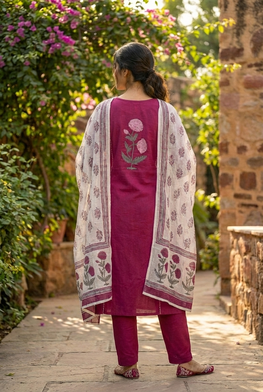 Neerus Maroon cotton printed suit set - detail view 1