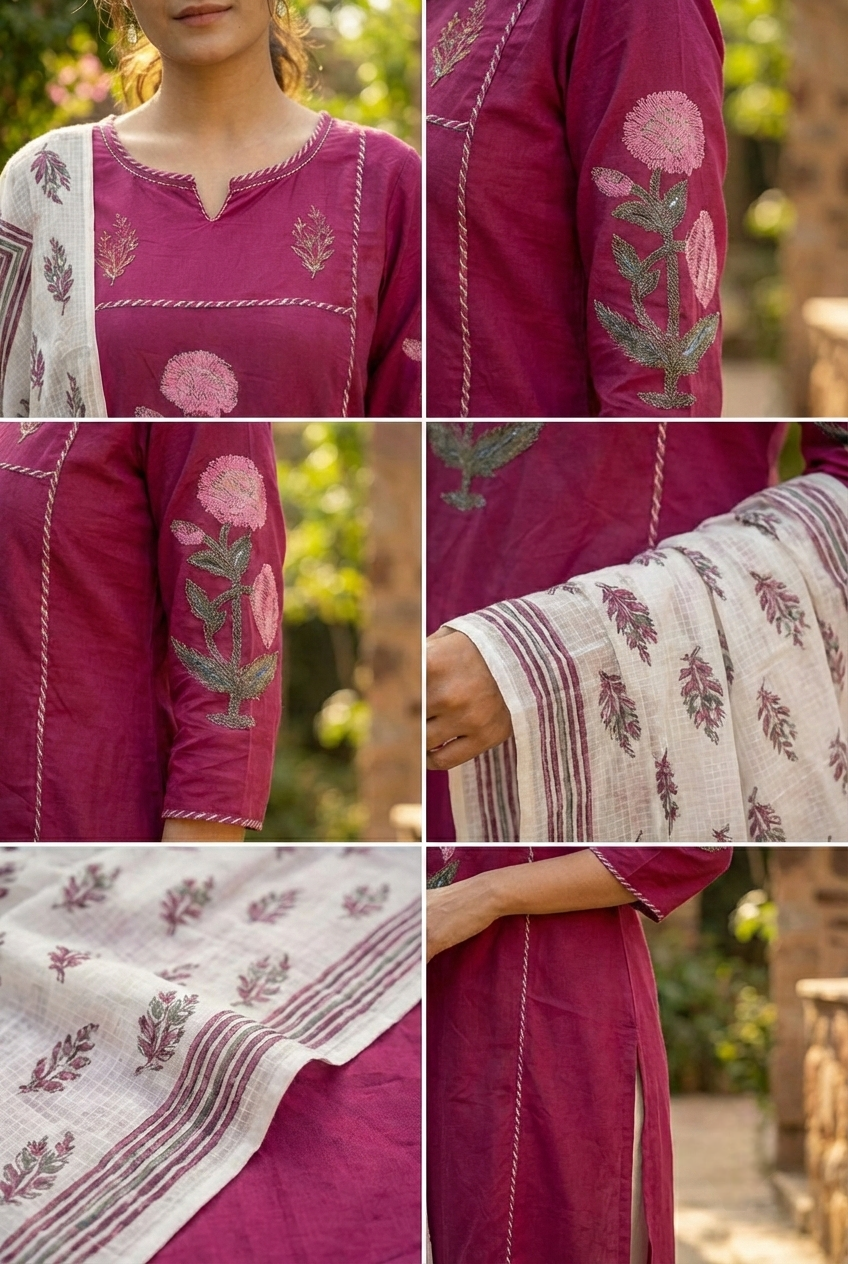 Neerus Maroon cotton printed suit set - detail view 2