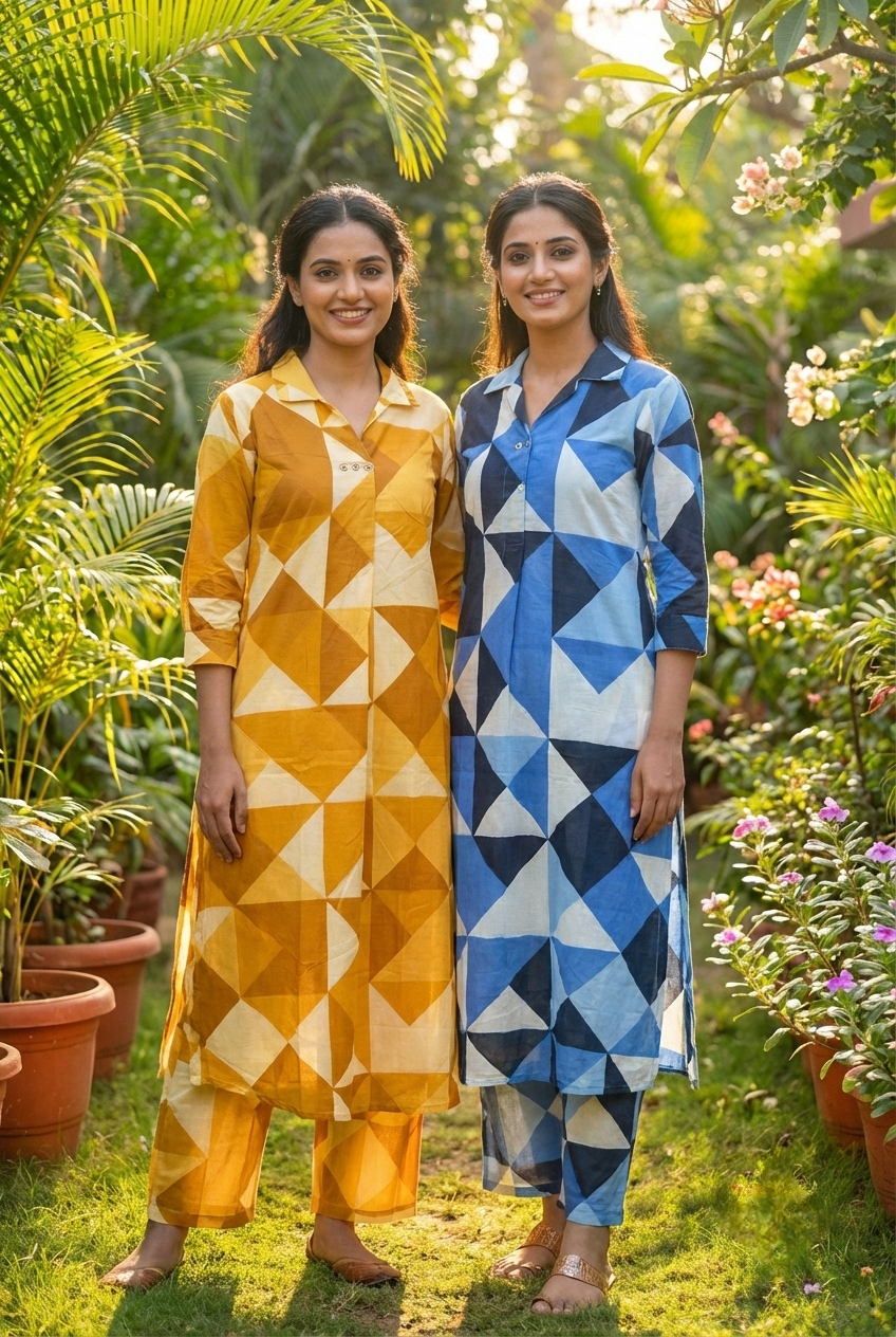 Neerus Blue cotton printed kurta set - side view