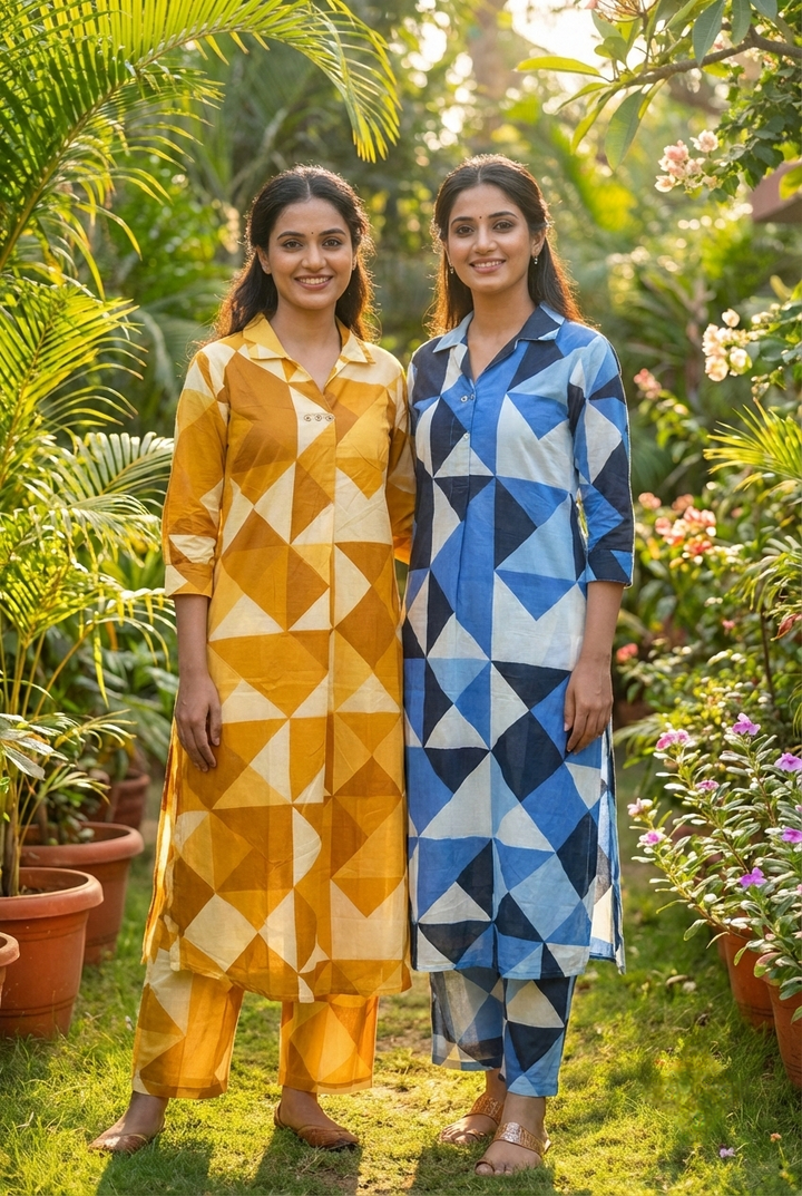 Neerus Blue cotton printed kurta set - side view