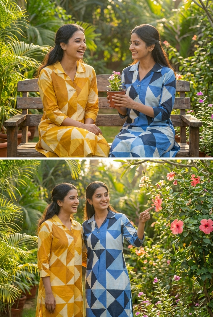 Neerus Blue cotton printed kurta set - detail view 2