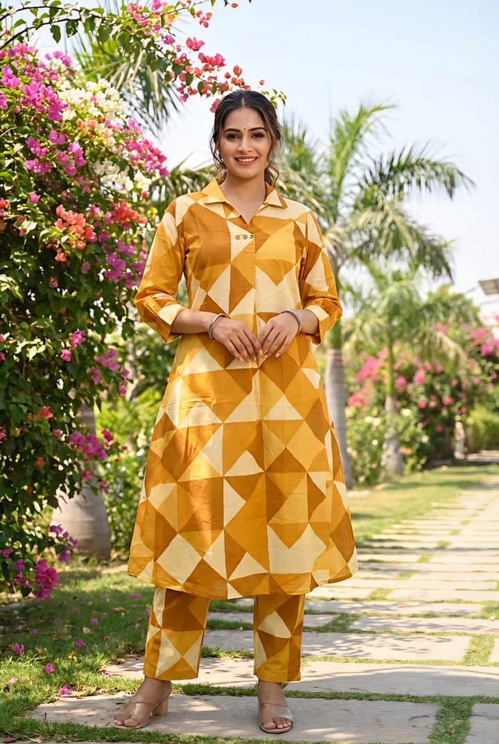 Neerus Yellow cotton printed kurta set - front view