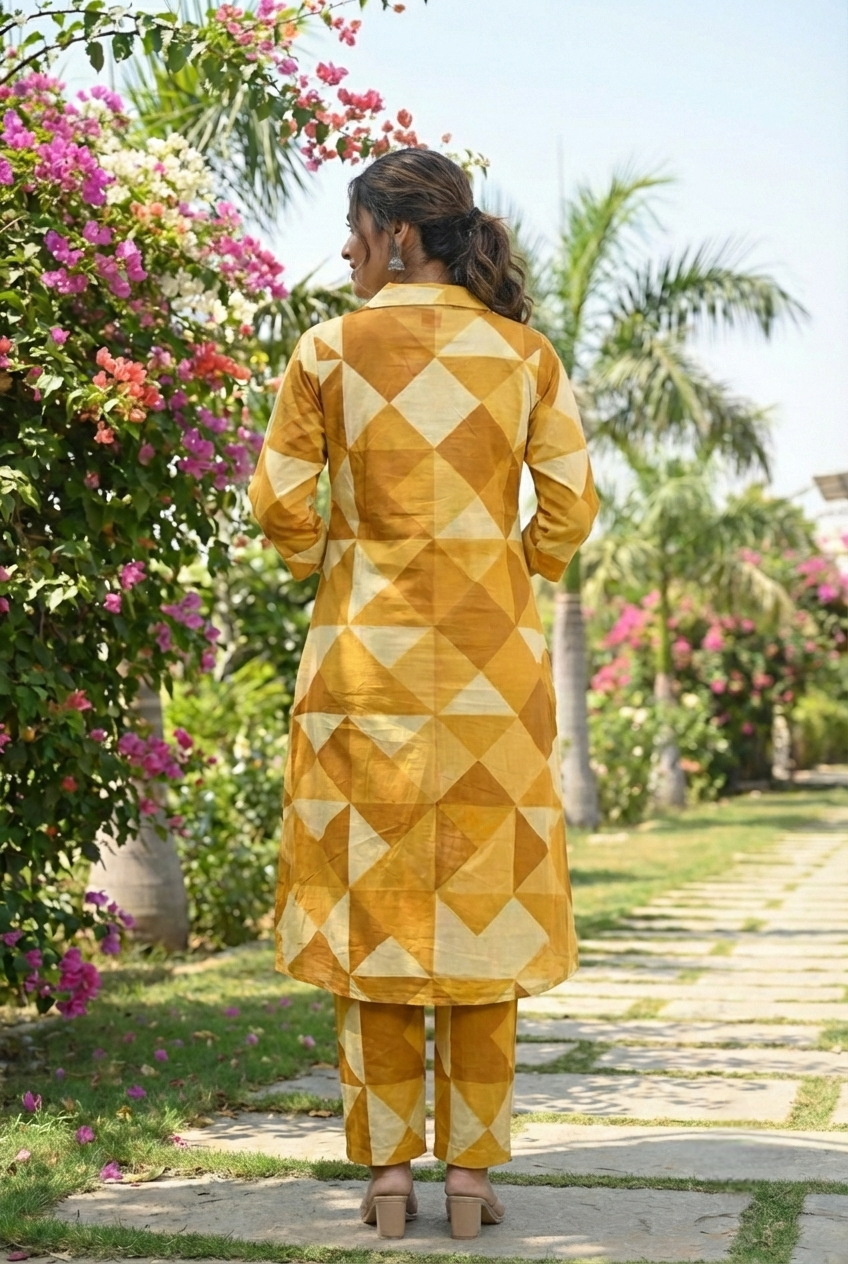 Neerus Yellow cotton printed kurta set - detail view 2