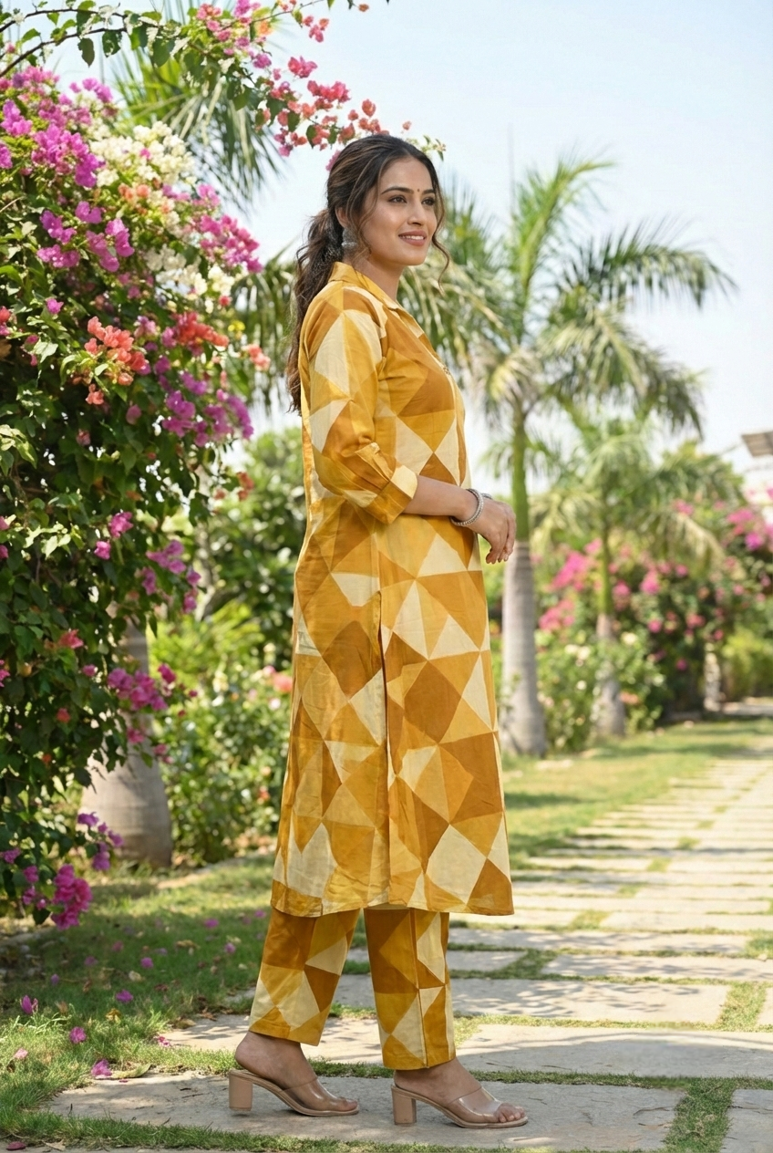 Neerus Yellow cotton printed kurta set - detail view 3