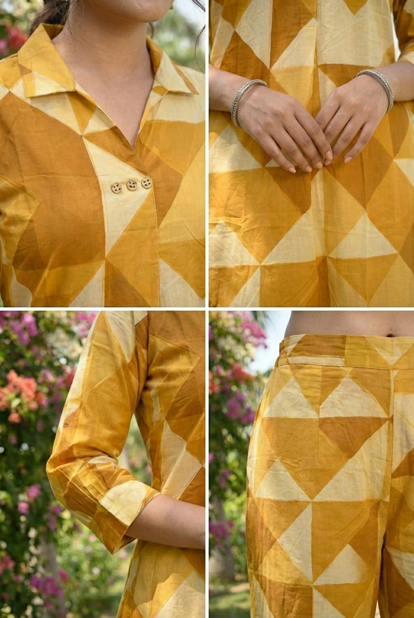 Neerus Yellow cotton printed kurta set - detail view 4