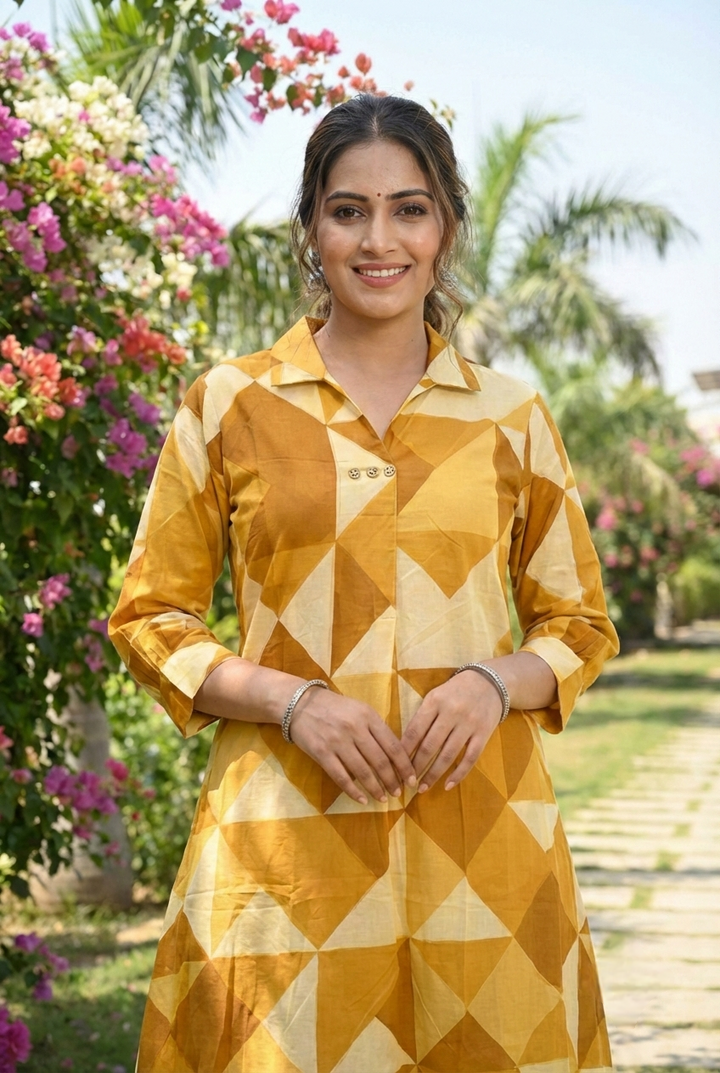 Neerus Yellow cotton printed kurta set - detail view 5