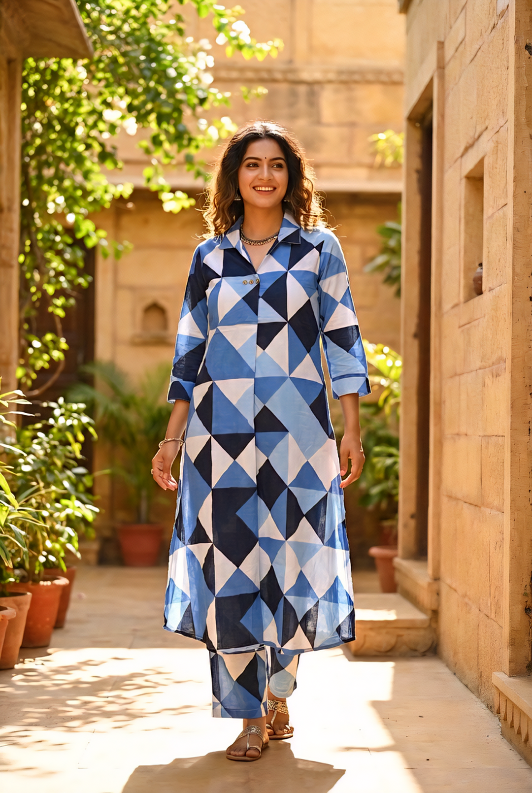 Neerus Blue cotton printed kurta set - front view
