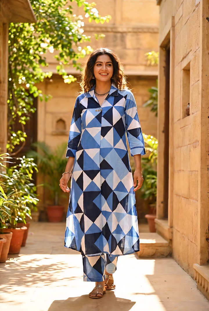 Neerus Blue cotton printed kurta set - front view