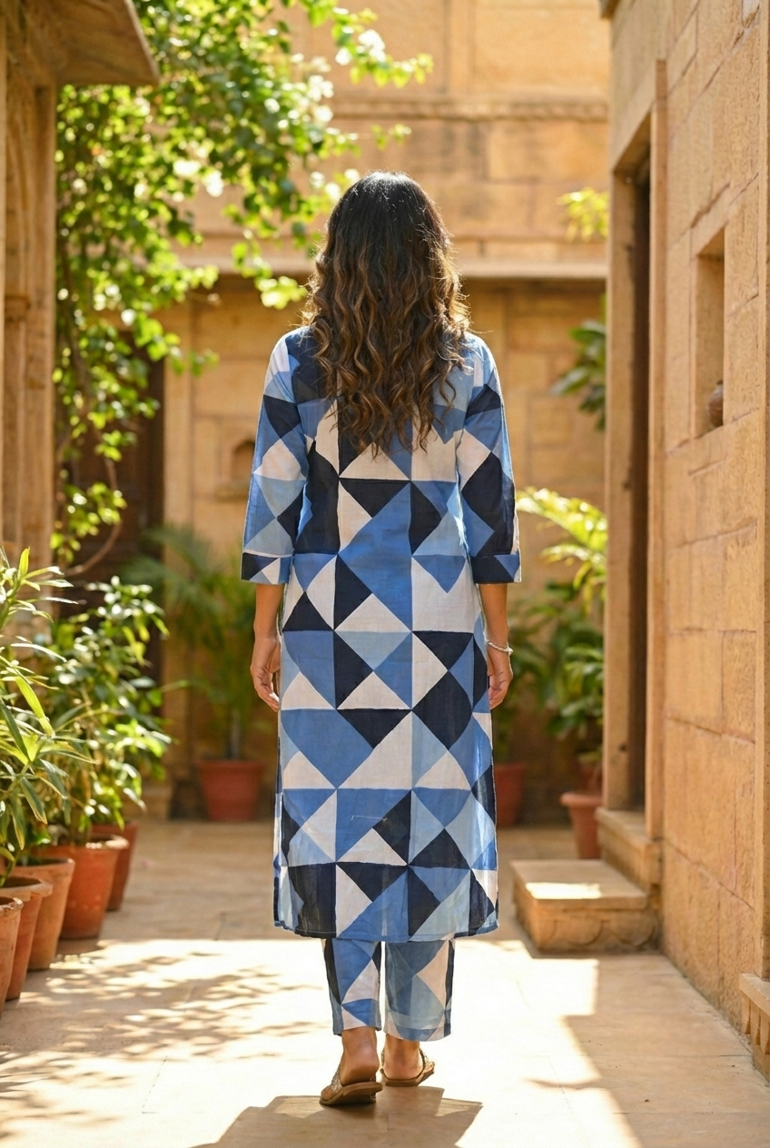 Neerus Blue cotton printed kurta set - detail view 3