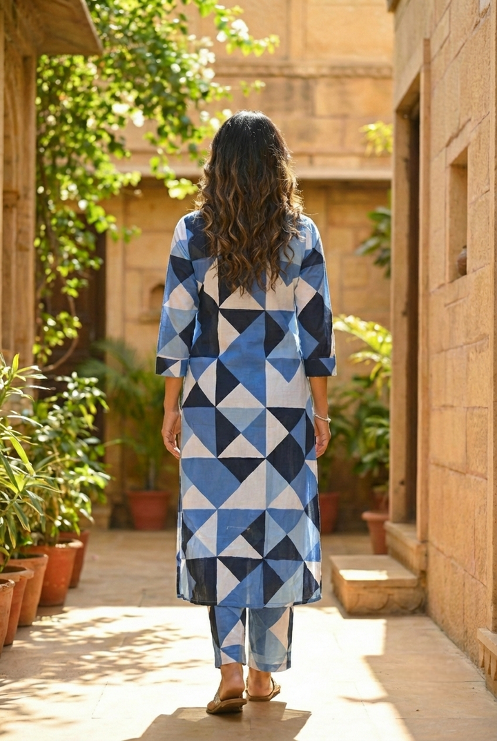 Neerus Blue cotton printed kurta set - detail view 3
