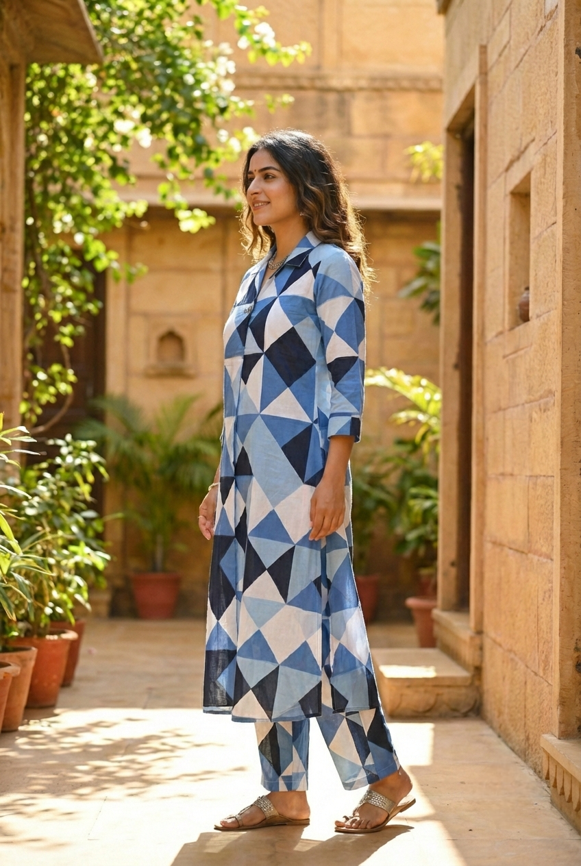 Neerus Blue cotton printed kurta set - back view