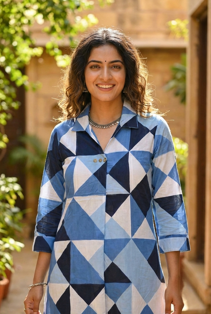 Neerus Blue cotton printed kurta set - detail view 4
