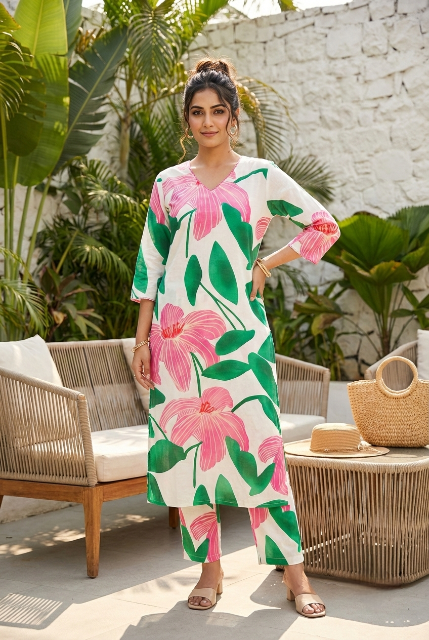 Neerus Green cotton printed kurta set - front view