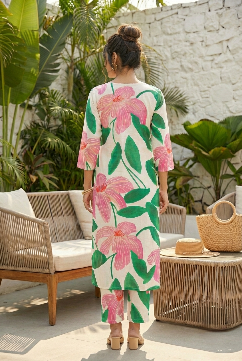 Neerus Green cotton printed kurta set - side view