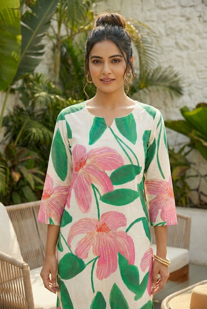 Neerus Green cotton printed kurta set - detail view 1