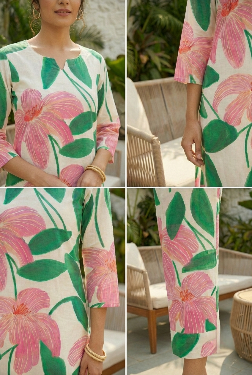 Neerus Green cotton printed kurta set - detail view 2