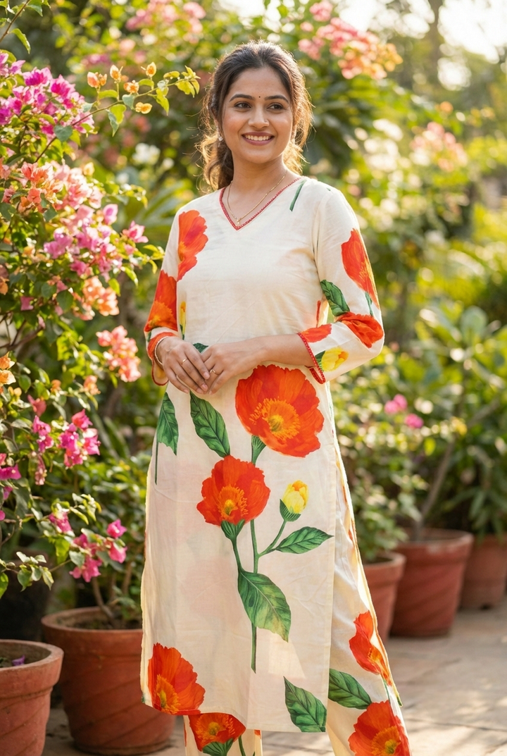 Neerus White cotton printed kurta set - back view