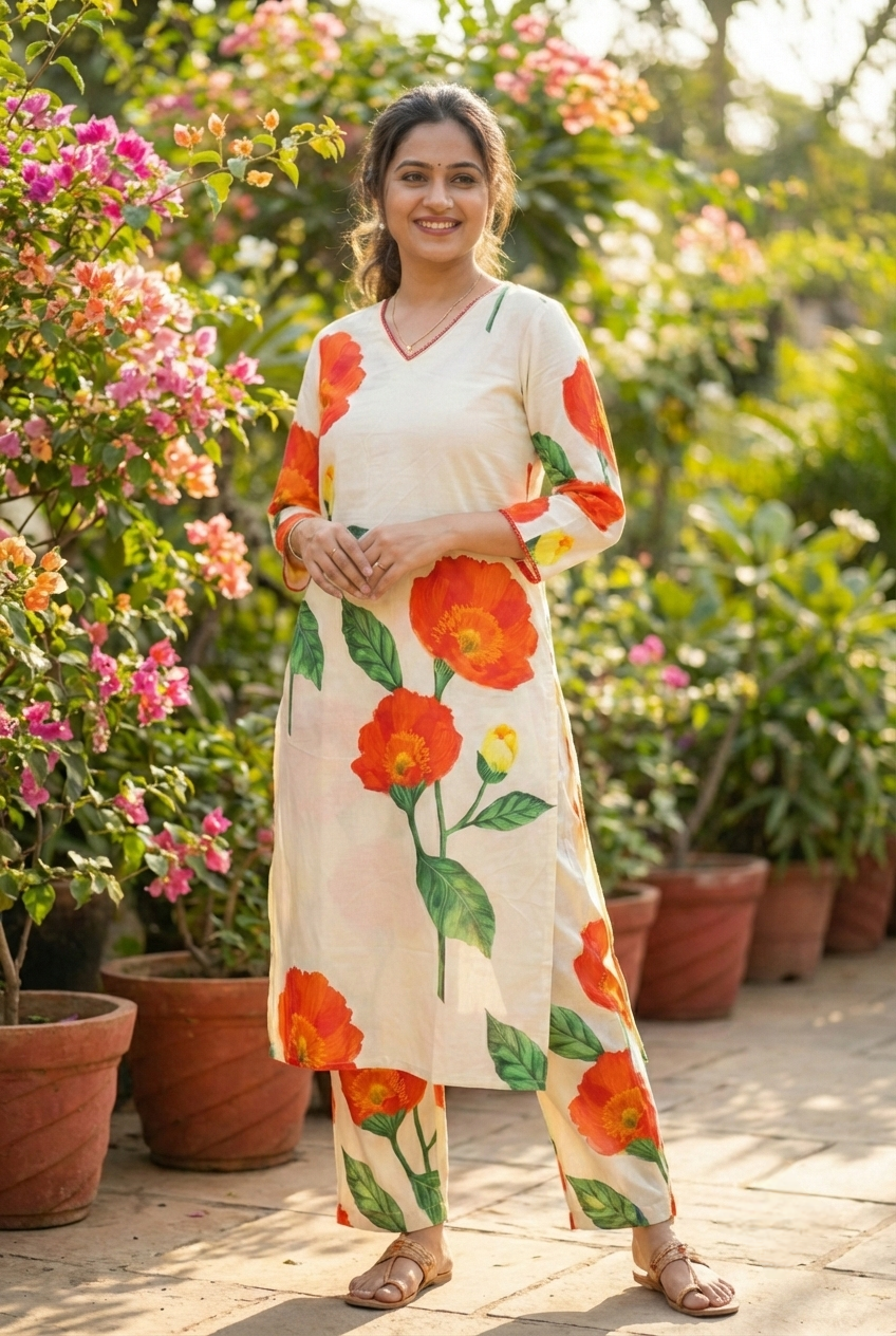Neerus White cotton printed kurta set - front view