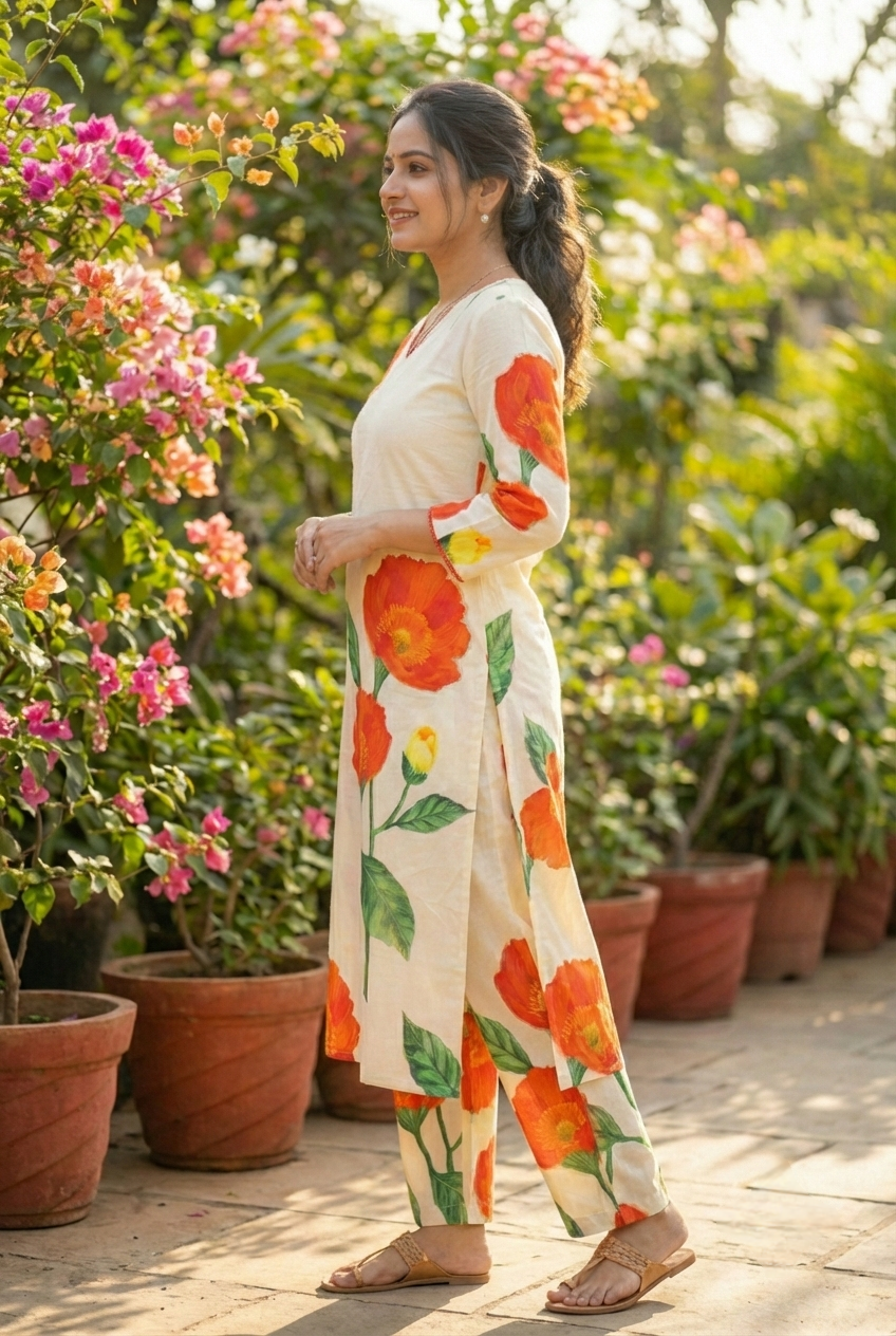 Neerus White cotton printed kurta set - side view