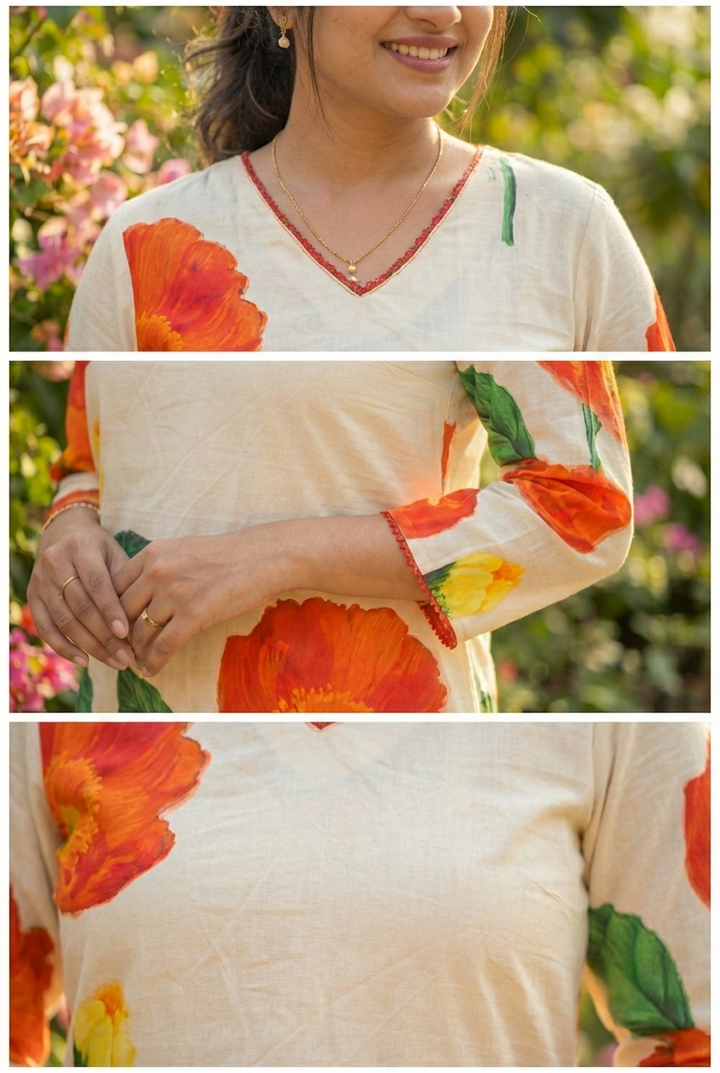 Neerus White cotton printed kurta set - detail view 2