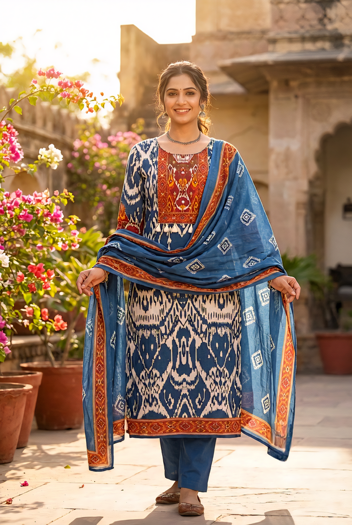Neerus Blue cotton printed suit set - front view