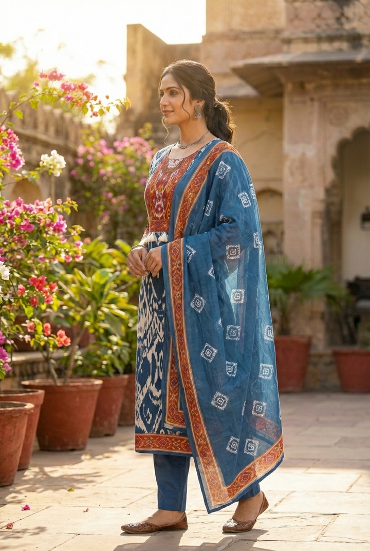 Neerus Blue cotton printed suit set - back view