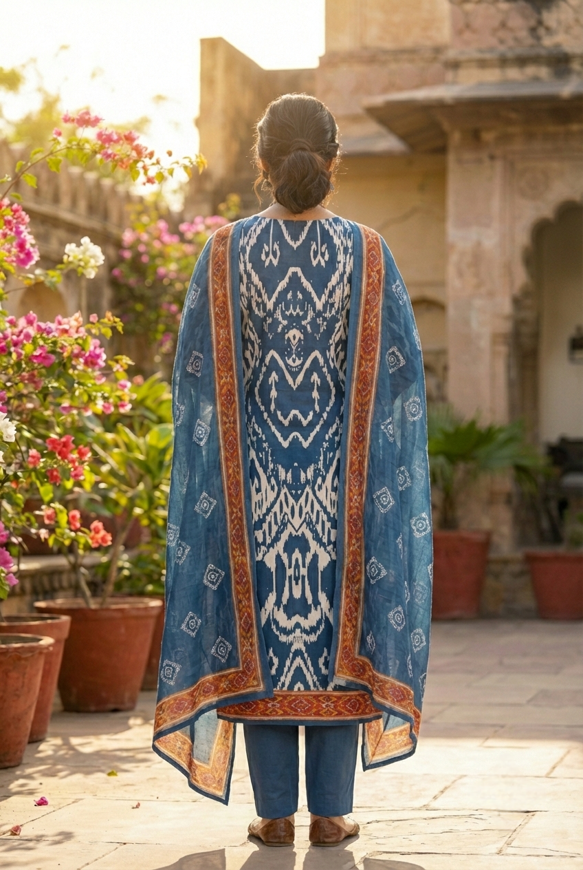 Neerus Blue cotton printed suit set - side view