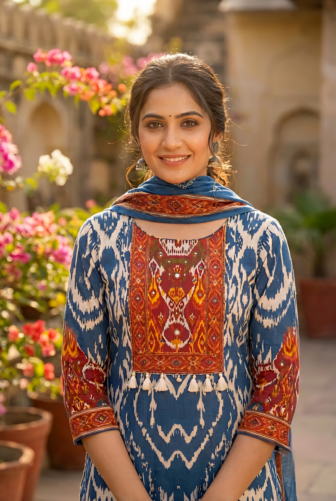 Neerus Blue cotton printed suit set - detail view 1
