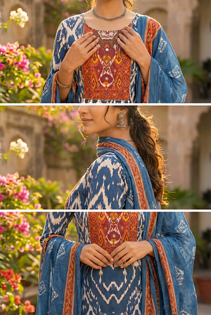 Neerus Blue cotton printed suit set - detail view 2