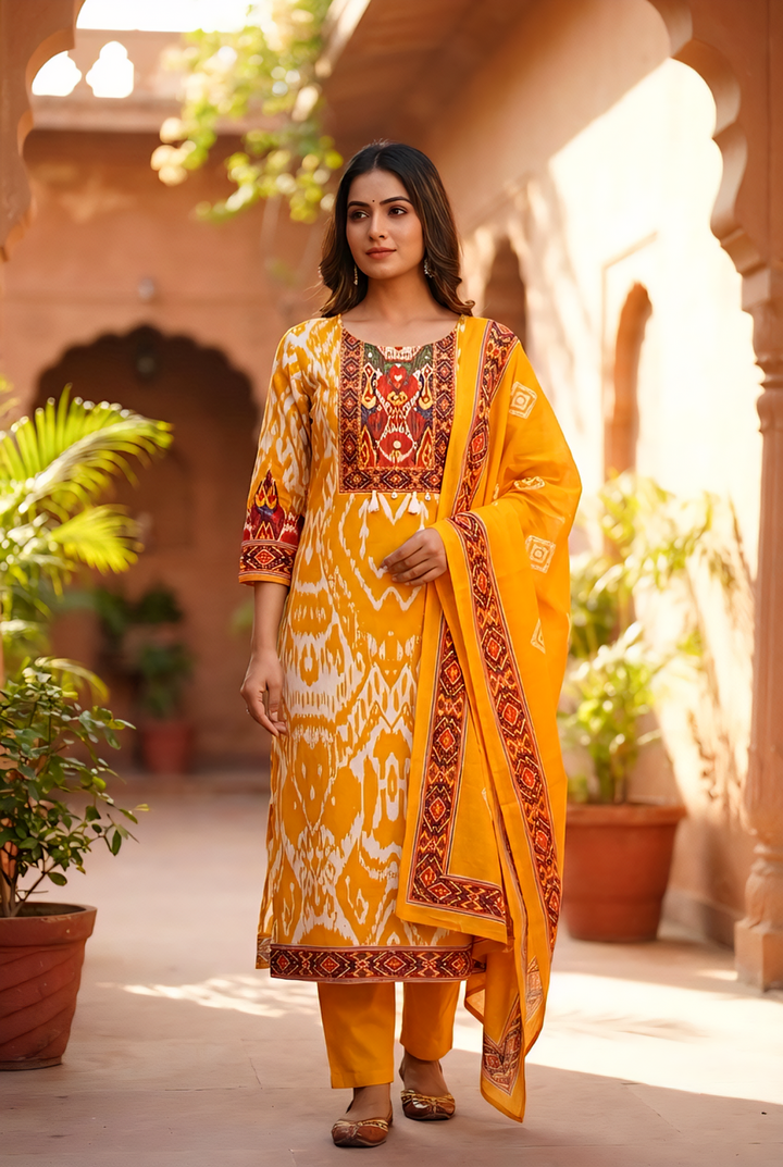 Neerus Yellow cotton printed suit set - front view