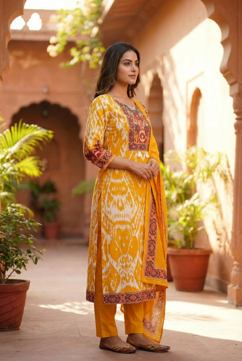 Neerus Yellow cotton printed suit set - back view