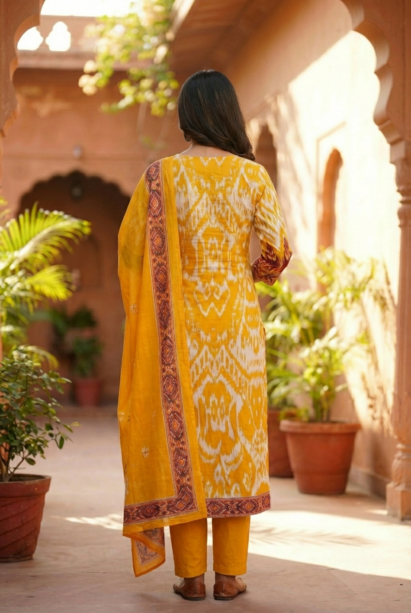 Neerus Yellow cotton printed suit set - side view