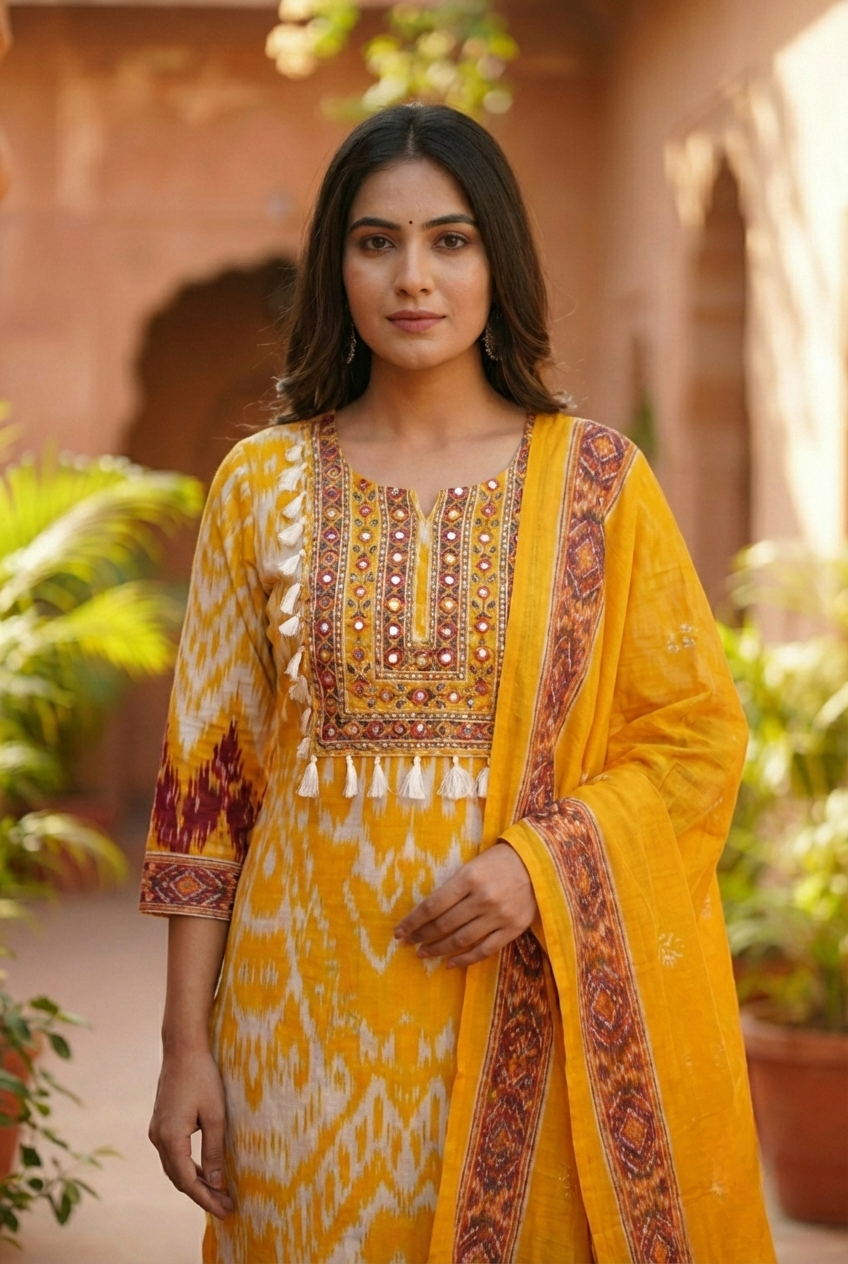 Neerus Yellow cotton printed suit set - detail view 1