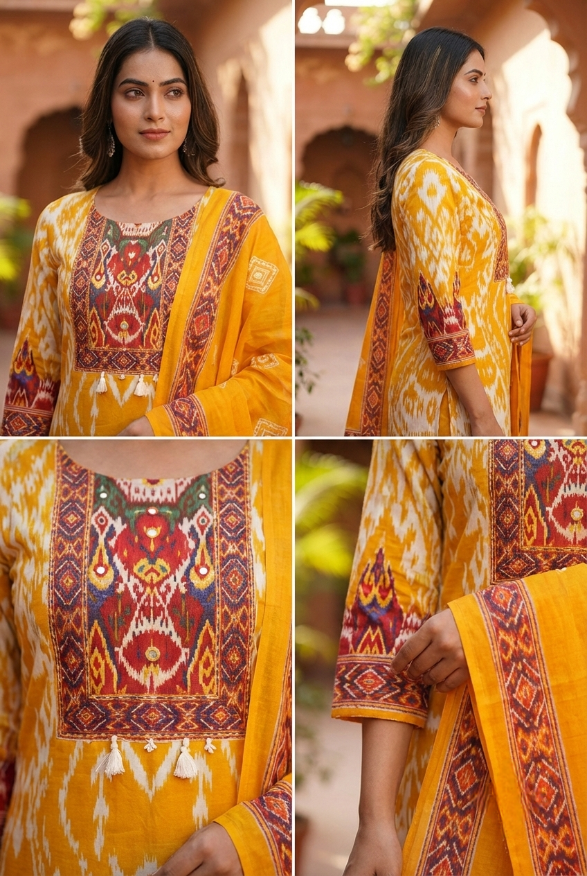 Neerus Yellow cotton printed suit set - detail view 3