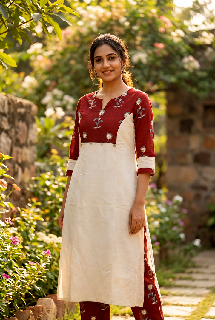 Neerus Maroon cotton printed kurta set - back view