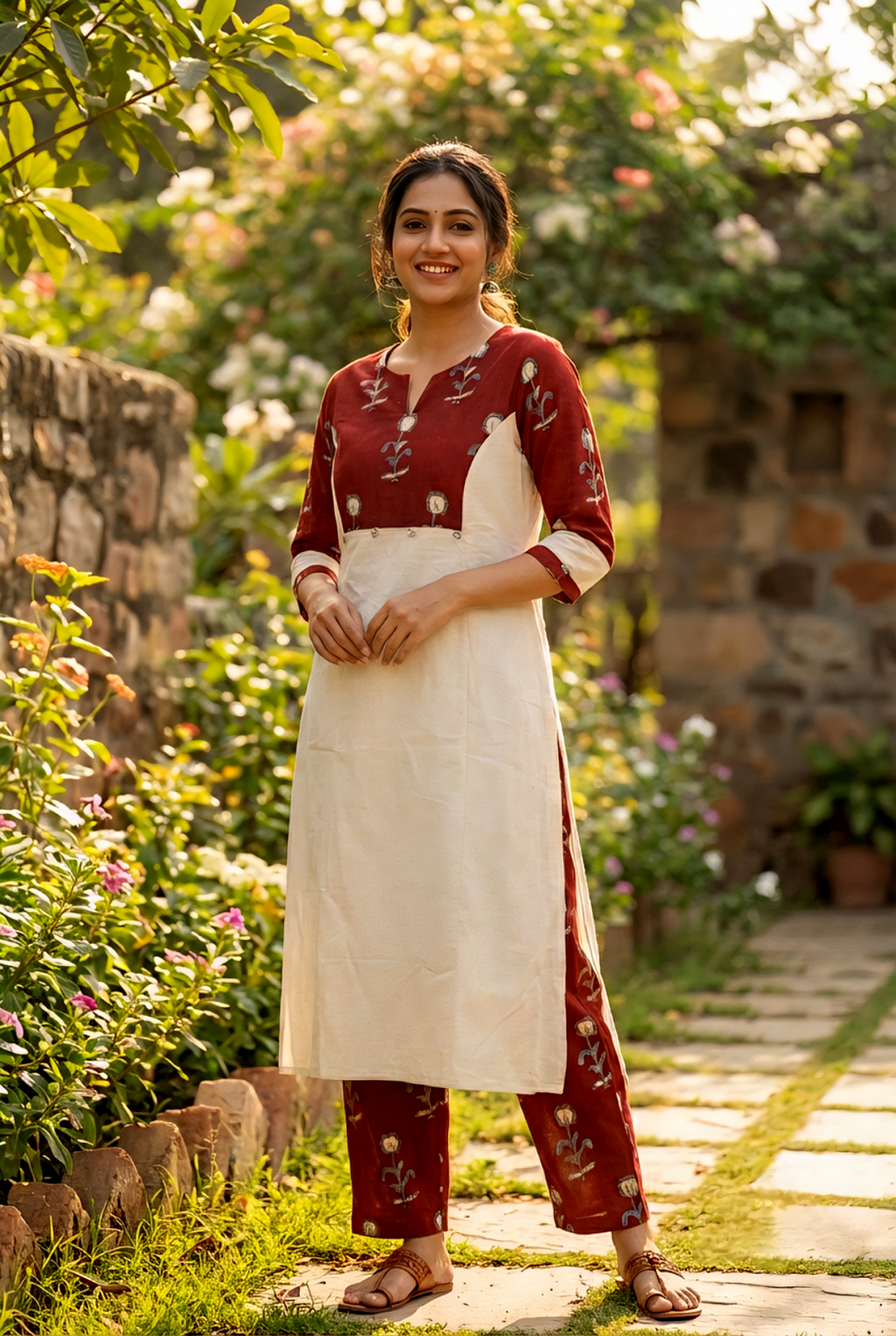 Neerus Maroon cotton printed kurta set - front view