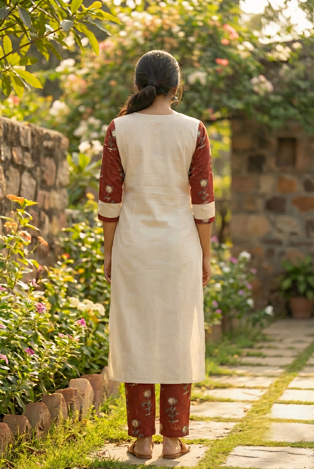 Neerus Maroon cotton printed kurta set - side view