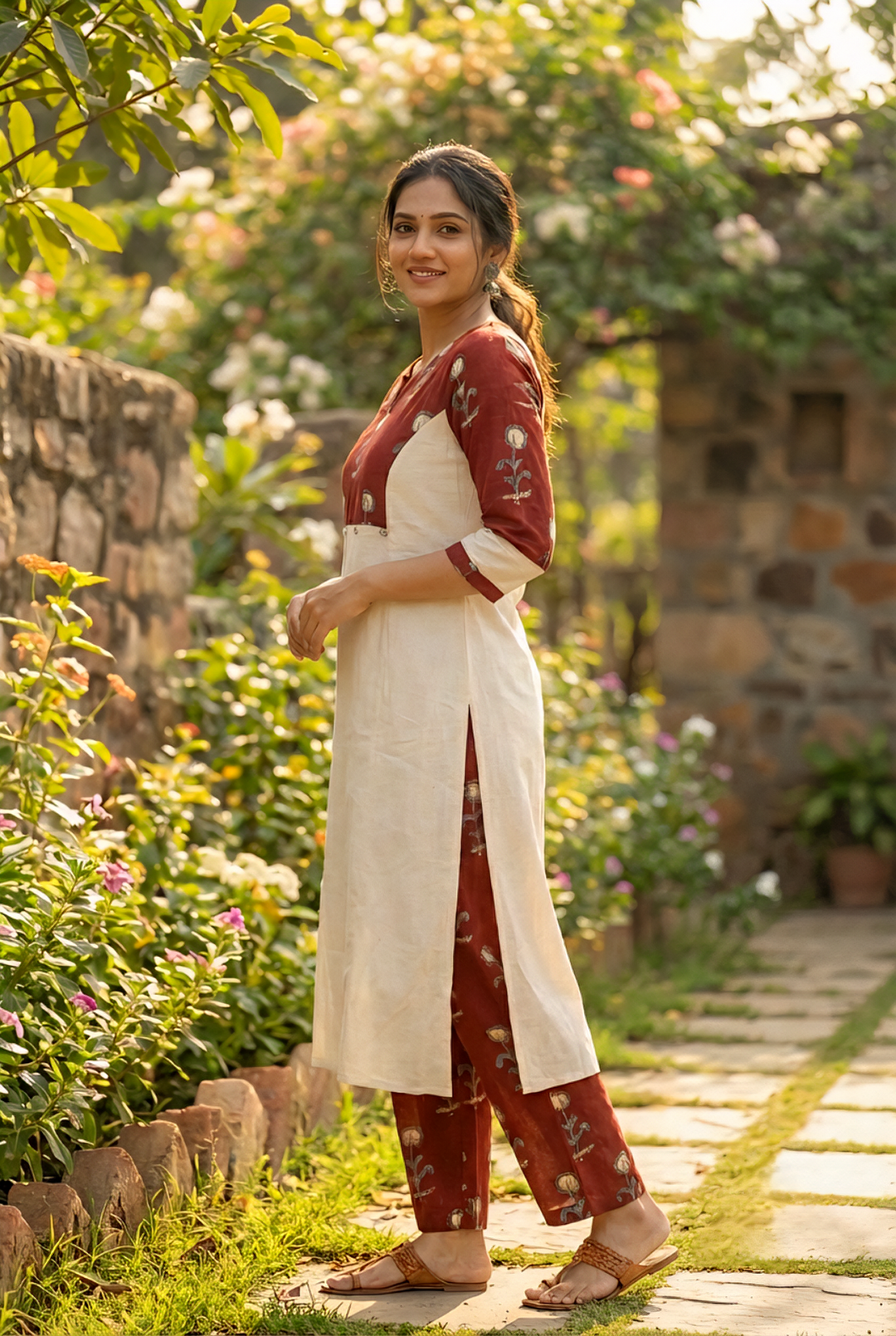 Neerus Maroon cotton printed kurta set - detail view 1