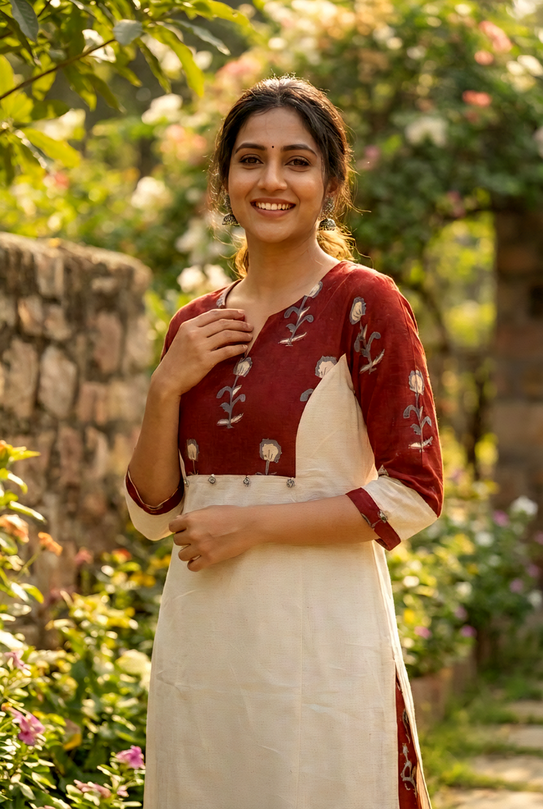 Neerus Maroon cotton printed kurta set - detail view 2