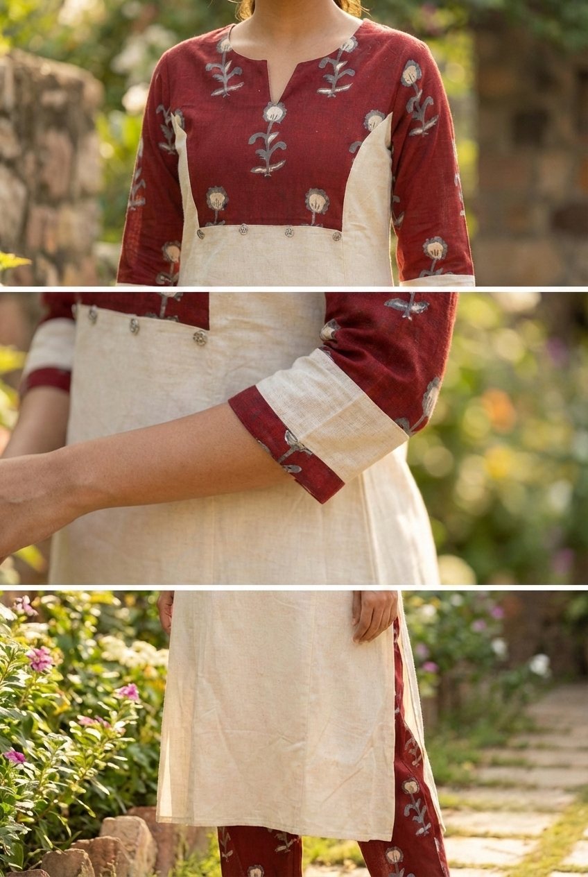 Neerus Maroon cotton printed kurta set - detail view 3