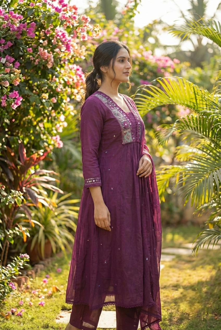 Neerus Maroon cotton hand embroidered suit set - side view
