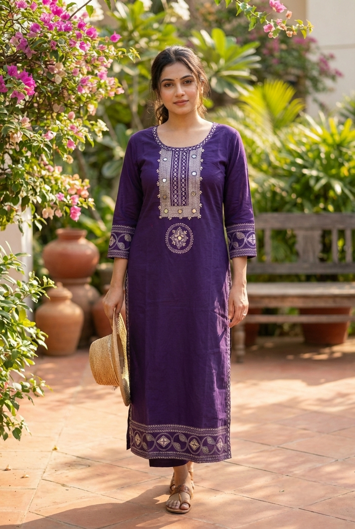 Neerus Purple cotton hand embroidered kurta - front view