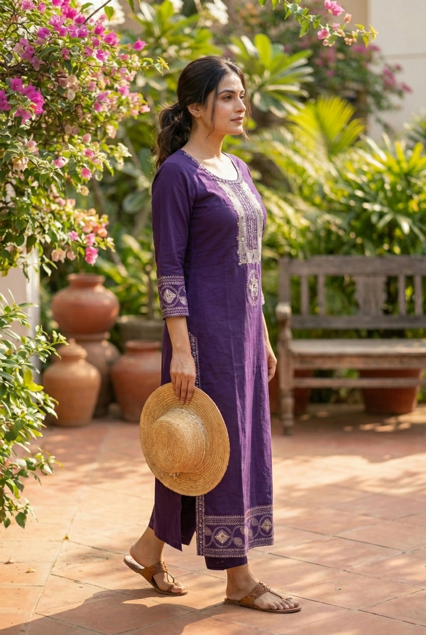 Neerus Purple cotton hand embroidered kurta - back view