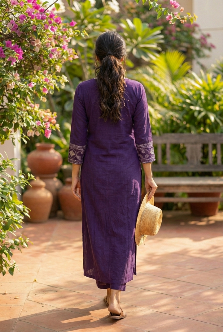 Neerus Purple cotton hand embroidered kurta - side view