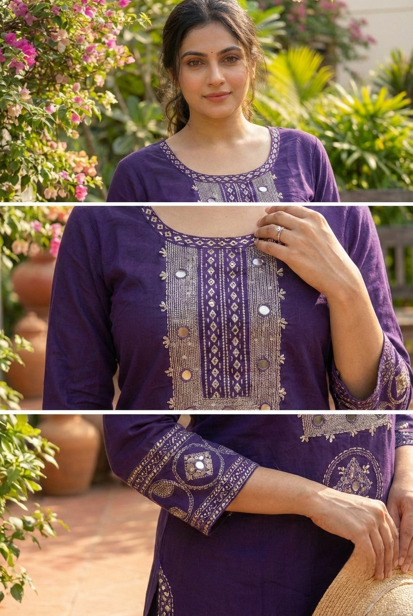 Neerus Purple cotton hand embroidered kurta - detail view 1
