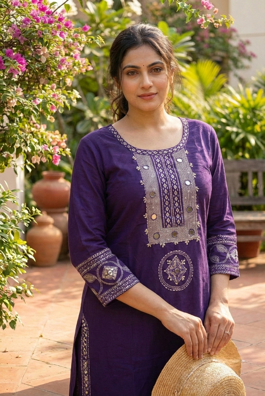Neerus Purple cotton hand embroidered kurta - detail view 2
